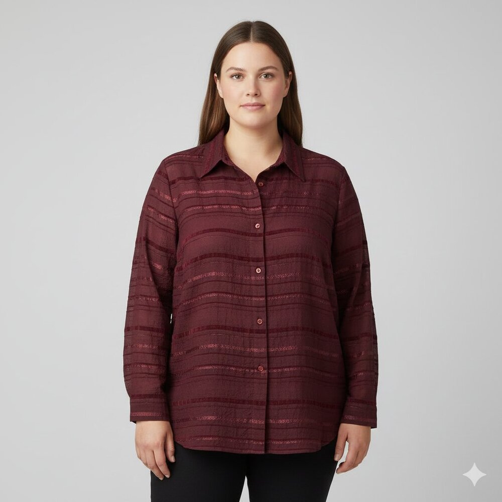 COLDWATER CREEK Sheer Woven Textured/Crinkle Long Sleeve, Maroon/Wine - XL